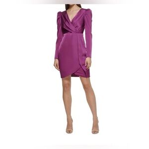 Guess Surplice Neck Long Puff Sleeve Faux Wrap Dress in Cranberry